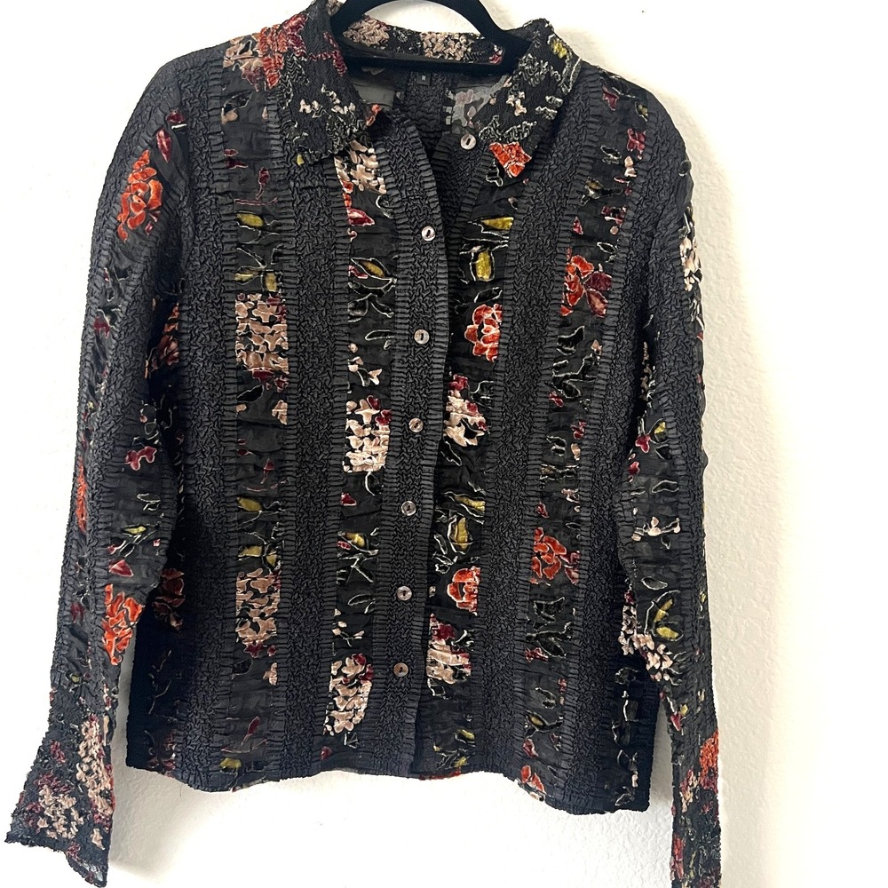 Vintage Sz M Velvet Burnout Y2K Shirt Crinkle Texture‎ Stretchy Whimsigoth